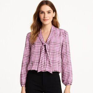NWOT Ann Taylor Plaid Tie-Neck Blouse Purple Pink Long Sleeve Size L